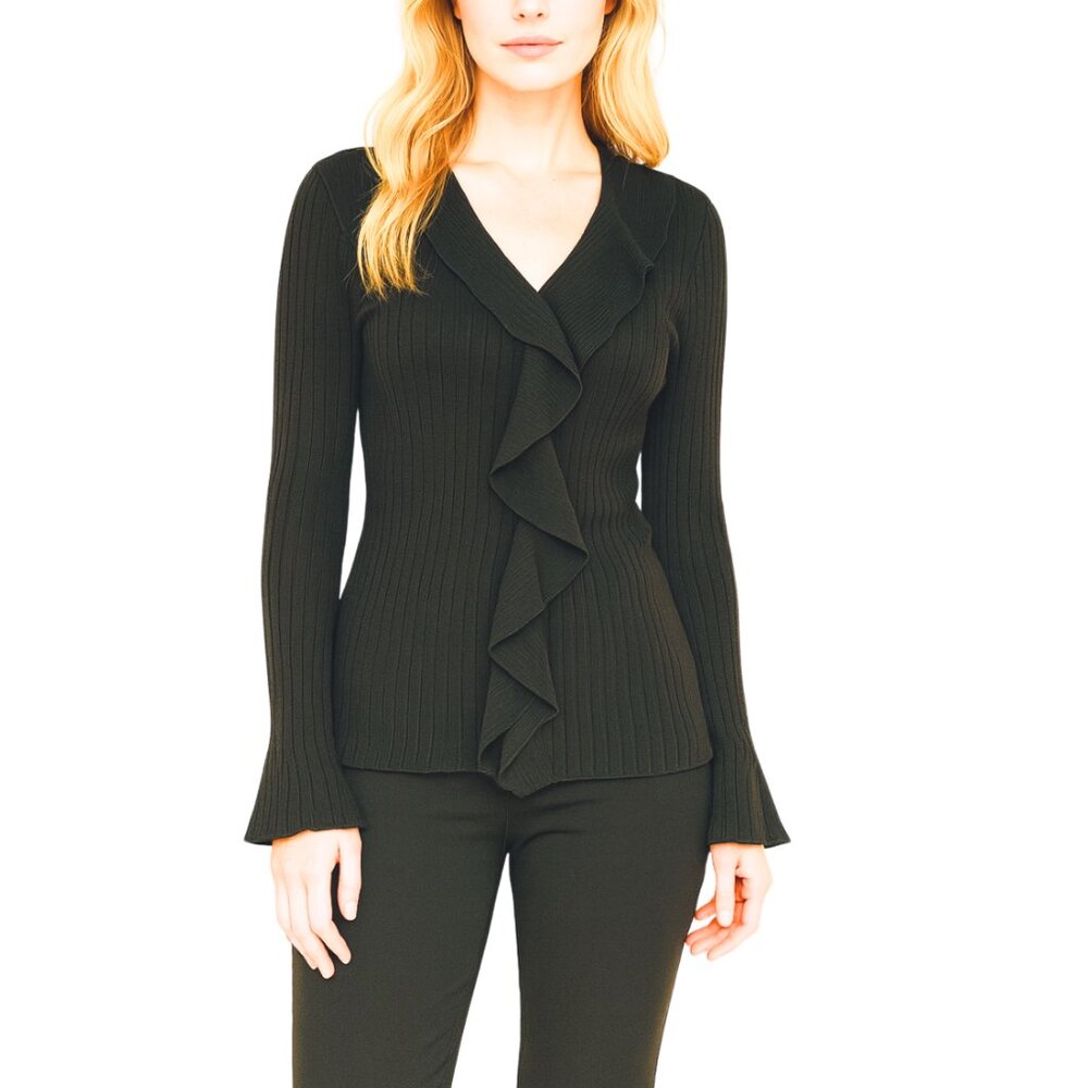 Fred David Women’s Black Ruffle Front Accordion Pleat Blouse Top XL Long Sleeve